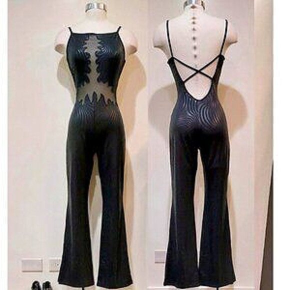 ๐ฅCHIC & SEXY๐ฅVTG Embroidered Mesh Insert Detail Jumpsuit In Black - Picture 1 of 16